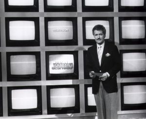 Alex Trebek on the new, modern Jeopardy! set