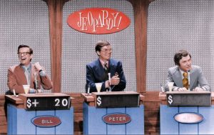 Bill Cullen of Three On A Match, Peter Marshall of The Hollywood Squares, and Art James of The Who What Or Where Game play a special celebrity Jeopardy! match in 1972