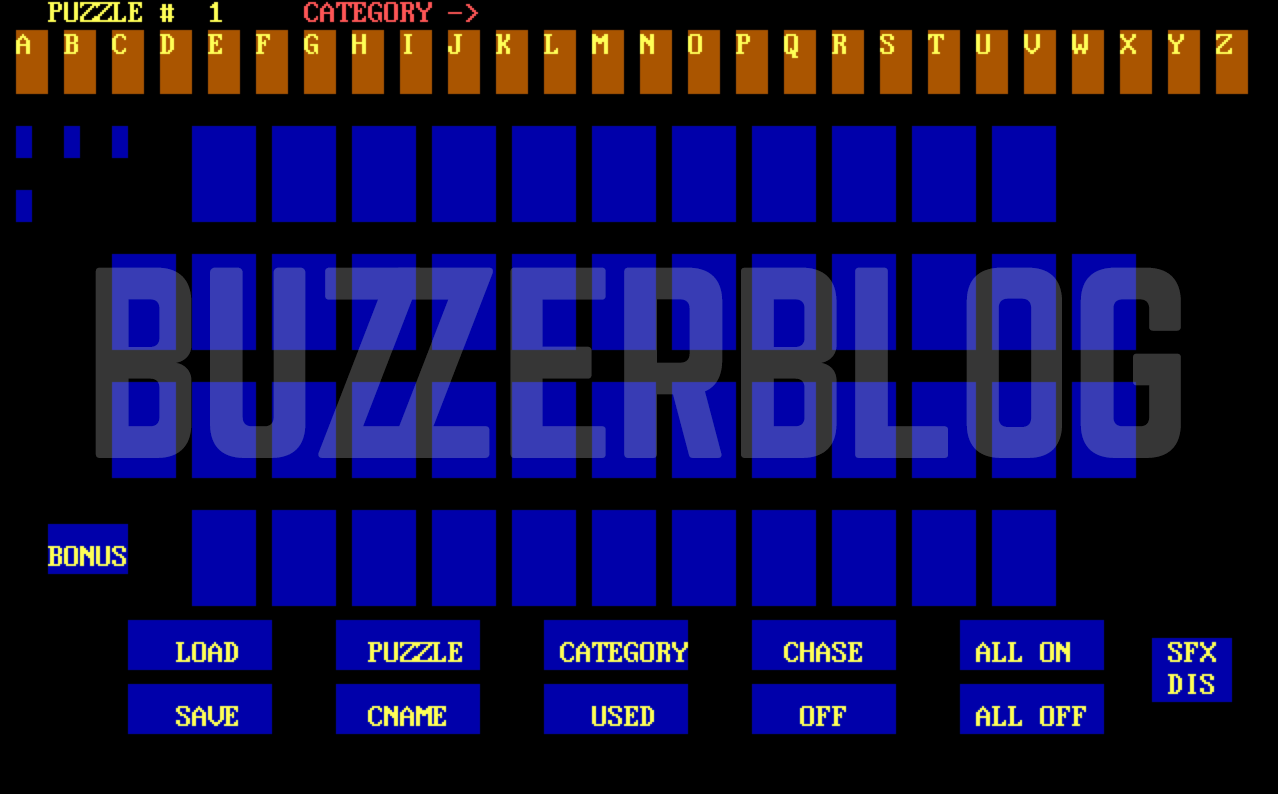 This is a screenshot of the software, unearthed by BuzzerBlog, of the software used to control the Wheel of Fortune Puzzleboard, when it was introduced in 1997.